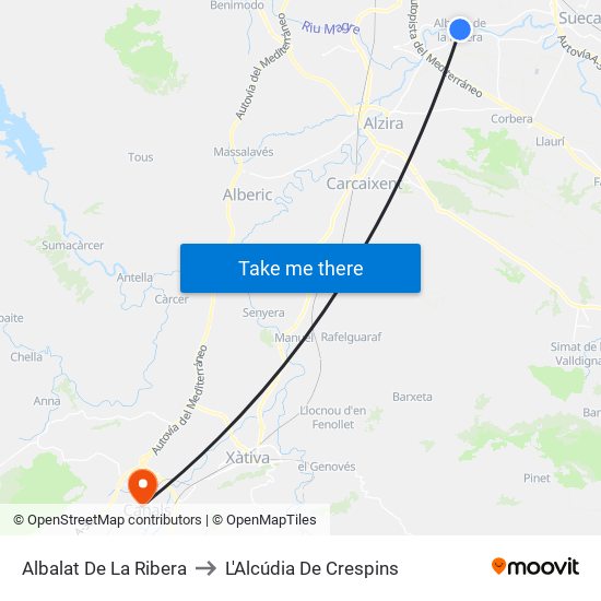 Albalat De La Ribera to L'Alcúdia De Crespins map
