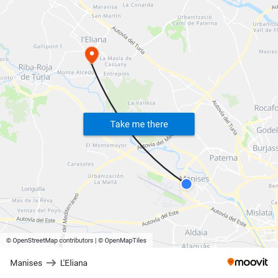 Manises to L'Eliana map
