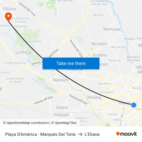 Plaça D'Amèrica - Marqués Del Túria to L'Eliana map