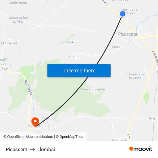 Picassent to Llombai map