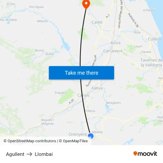 Agullent to Llombai map