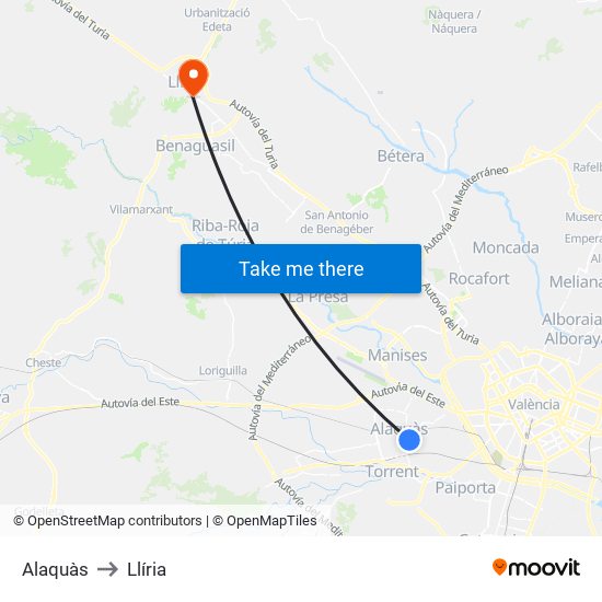 Alaquàs to Llíria map