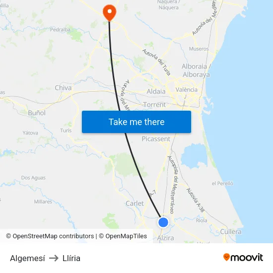 Algemesí to Llíria map