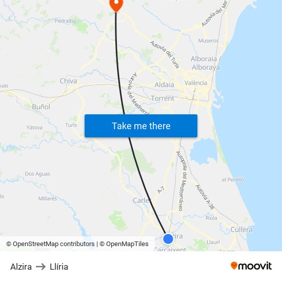 Alzira to Llíria map