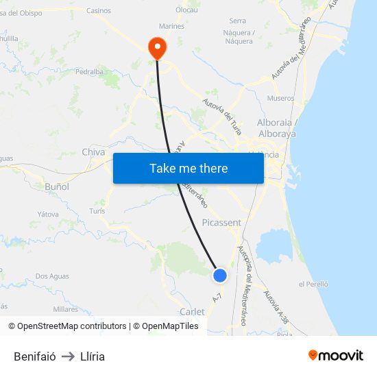 Benifaió to Llíria map