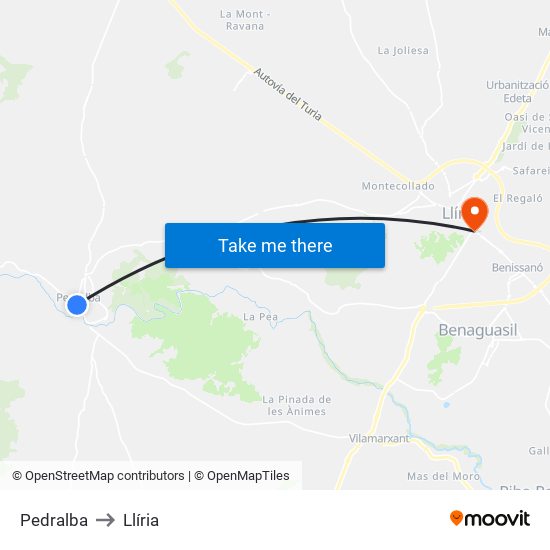 Pedralba to Llíria map