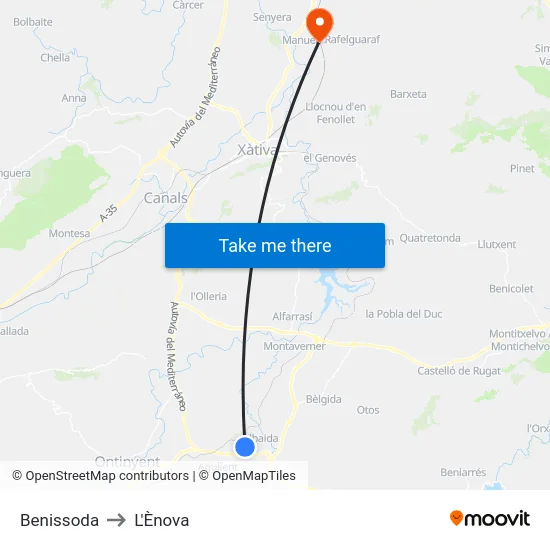 Benissoda to L'Ènova map