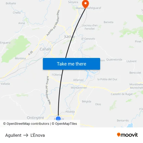 Agullent to L'Ènova map