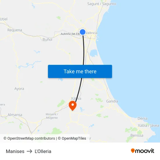 Manises to L'Olleria map