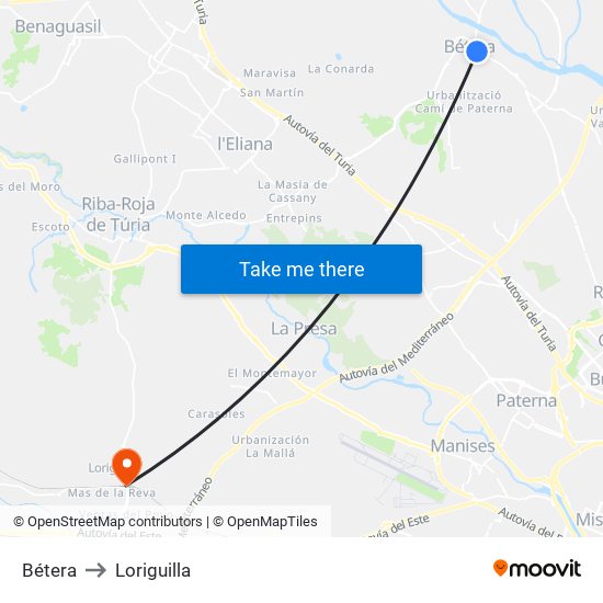 Bétera to Loriguilla map