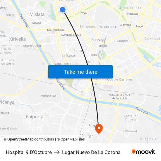 Hospital 9 D'Octubre to Lugar Nuevo De La Corona map