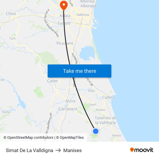 Simat De La Valldigna to Manises map