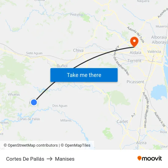 Cortes De Pallás to Manises map