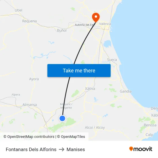 Fontanars Dels Alforins to Manises map