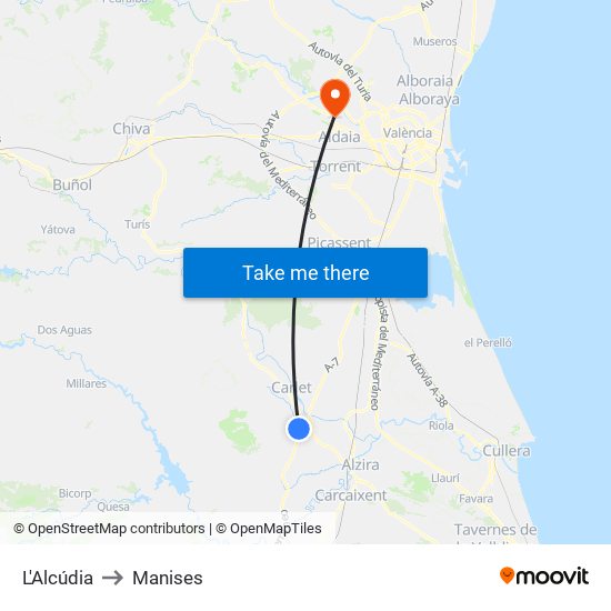 L'Alcúdia to Manises map