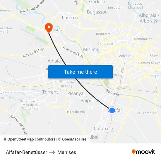 Alfafar-Benetússer to Manises map