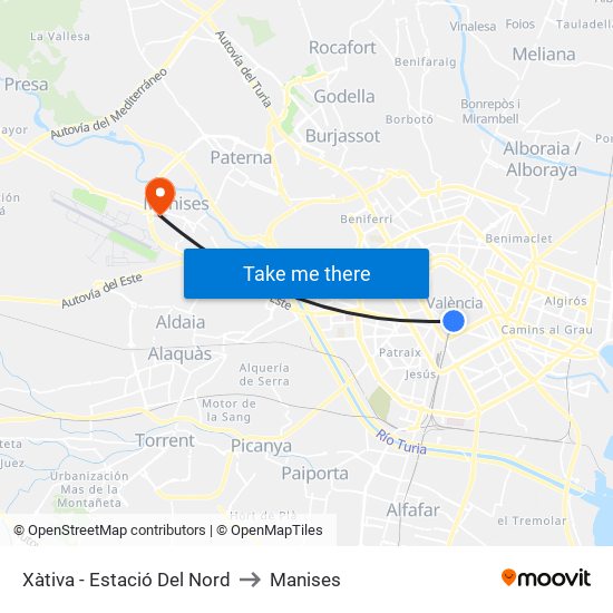 Xàtiva - Estació Del Nord to Manises map