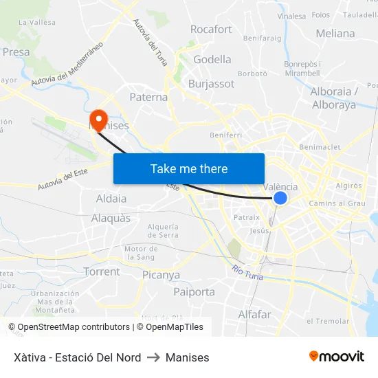 Xàtiva - Estació Del Nord to Manises map