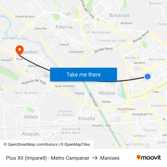 Pius XII (Imparell) - Metro Campanar to Manises map