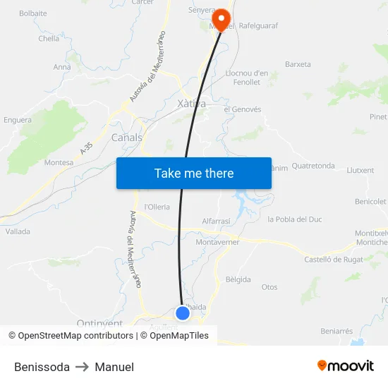 Benissoda to Manuel map