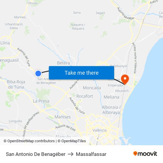 San Antonio De Benagéber to Massalfassar map
