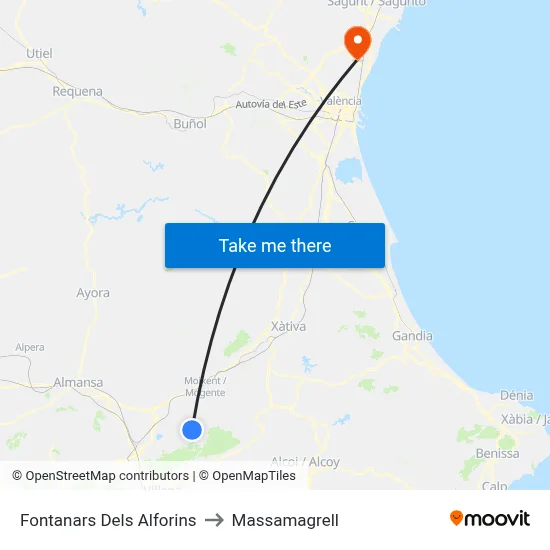 Fontanars Dels Alforins to Massamagrell map