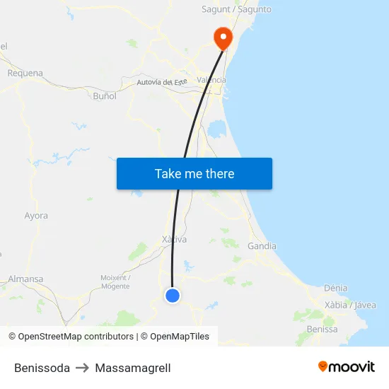 Benissoda to Massamagrell map
