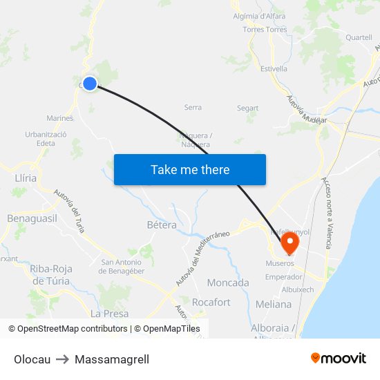 Olocau to Massamagrell map