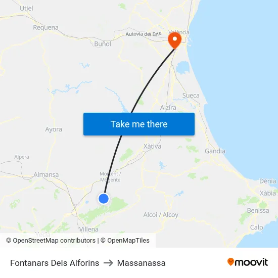Fontanars Dels Alforins to Massanassa map