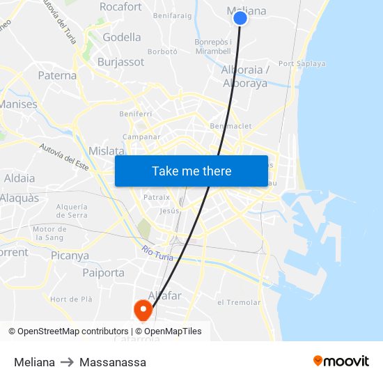 Meliana to Massanassa map