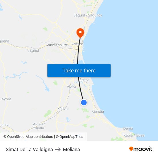 Simat De La Valldigna to Meliana map