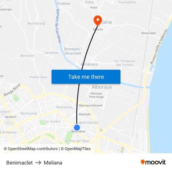 Benimaclet to Meliana map