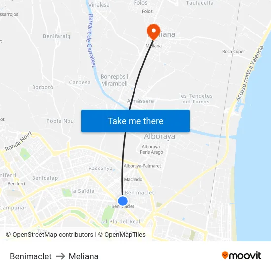 Benimaclet to Meliana map