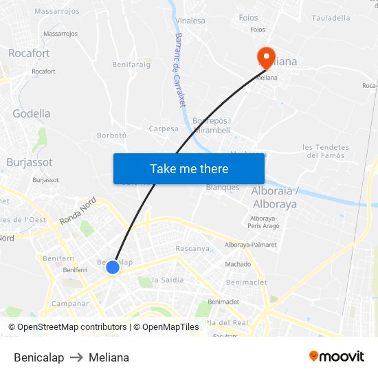 Benicalap to Meliana map