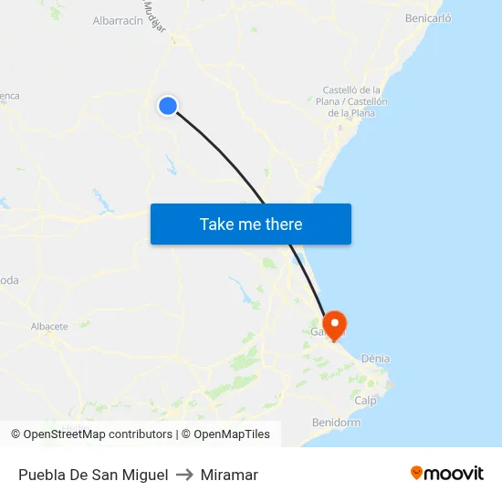 Puebla De San Miguel to Miramar map