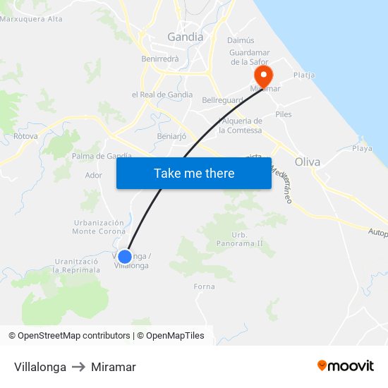 Villalonga to Miramar map