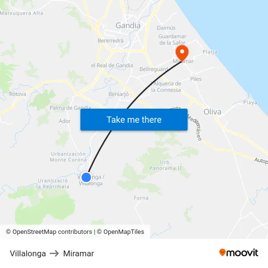Villalonga to Miramar map