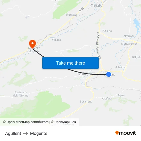 Agullent to Mogente map