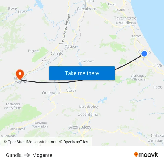 Gandía to Mogente map