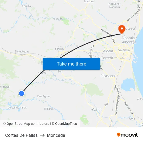 Cortes De Pallás to Moncada map