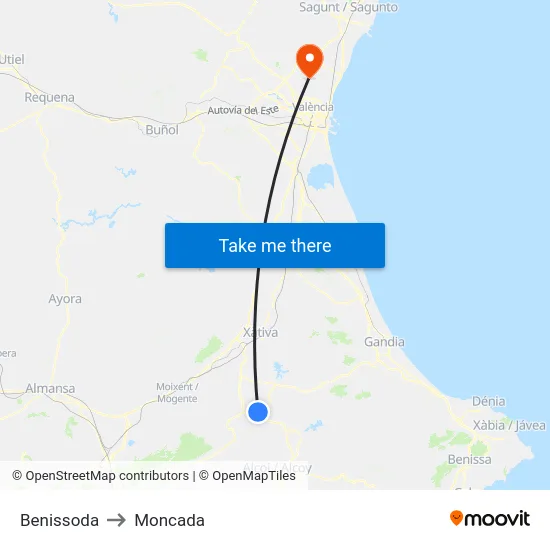 Benissoda to Moncada map