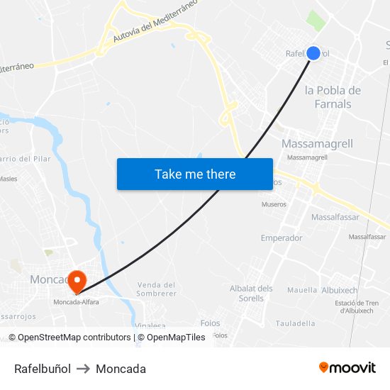 Rafelbuñol to Moncada map