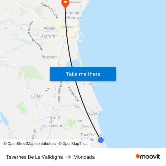 Tavernes De La Valldigna to Moncada map