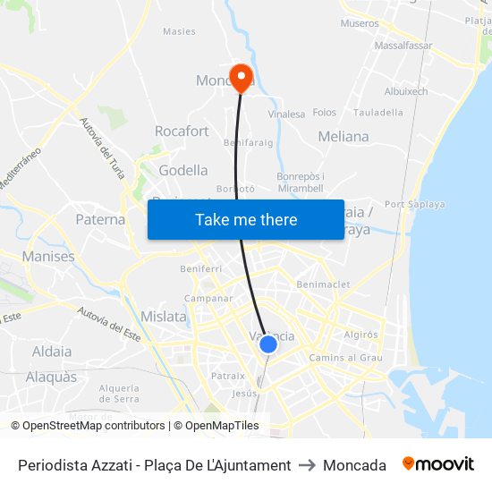 Periodista Azzati - Plaça De L'Ajuntament to Moncada map