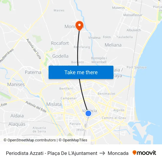 Periodista Azzati - Plaça De L'Ajuntament to Moncada map