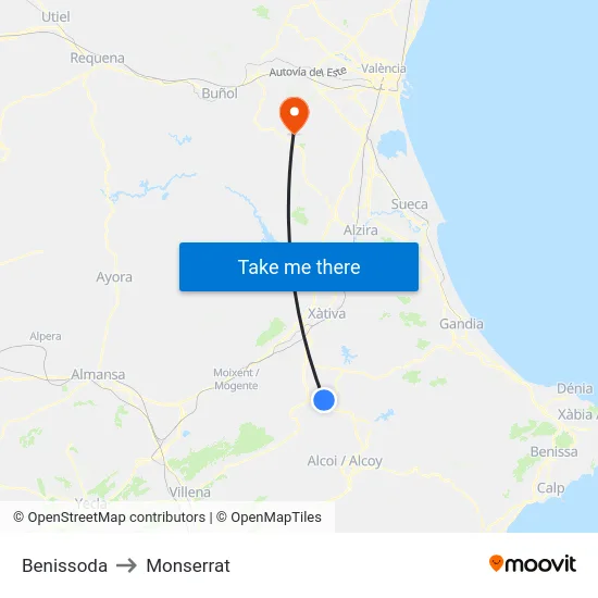 Benissoda to Monserrat map
