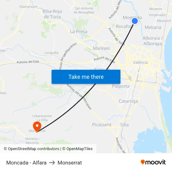 Moncada - Alfara to Monserrat map