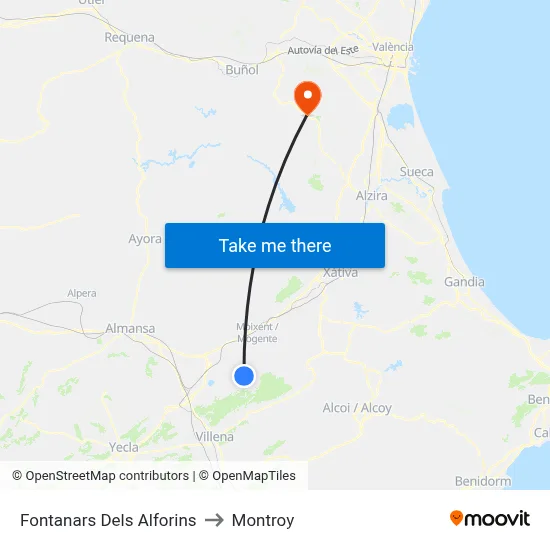 Fontanars Dels Alforins to Montroy map