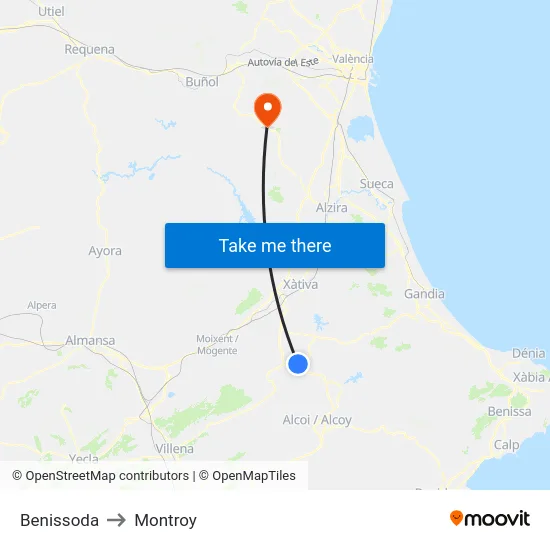 Benissoda to Montroy map