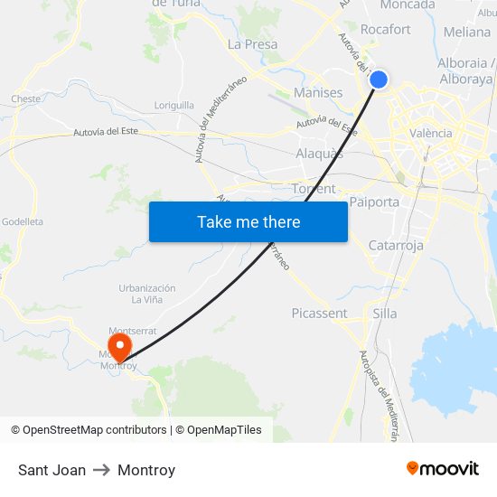 Sant Joan to Montroy map